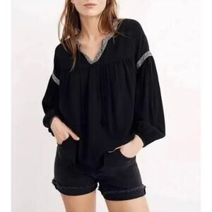 Madewell Blouson Long Sleeve Black Peasant Top XXS Boho Festival Embroidered